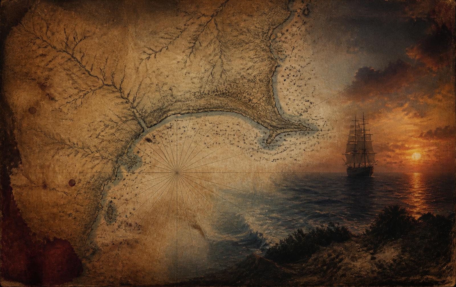 Aged nautical chart of the West African Grain Coast and Cape Mesurado with a tall ship on the Atlantic horizon