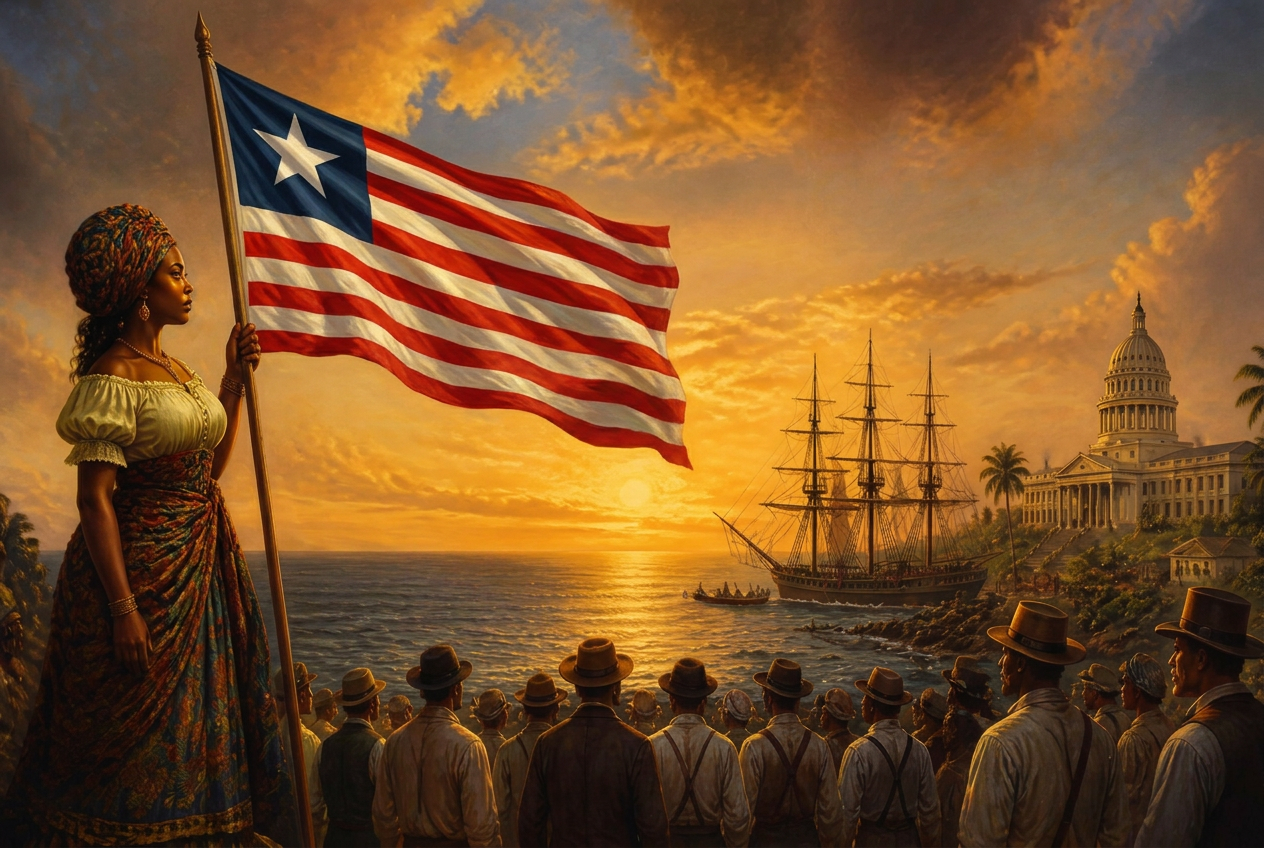 Liberian woman holding the national flag as settlers watch a tall ship anchor beneath the capitol at Cape Mesurado